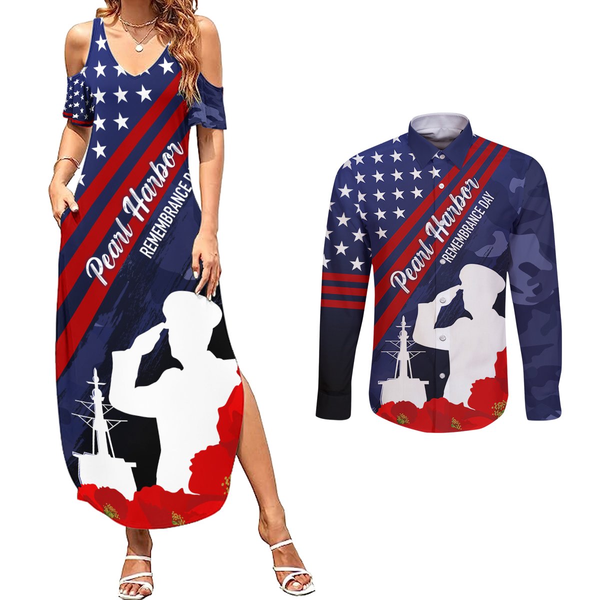 Pearl Harbor Remembrance Day Couples Matching Summer Maxi Dress and Long Sleeve Button Shirt Poppy Mix Style LT7 - Wonder Print Shop
