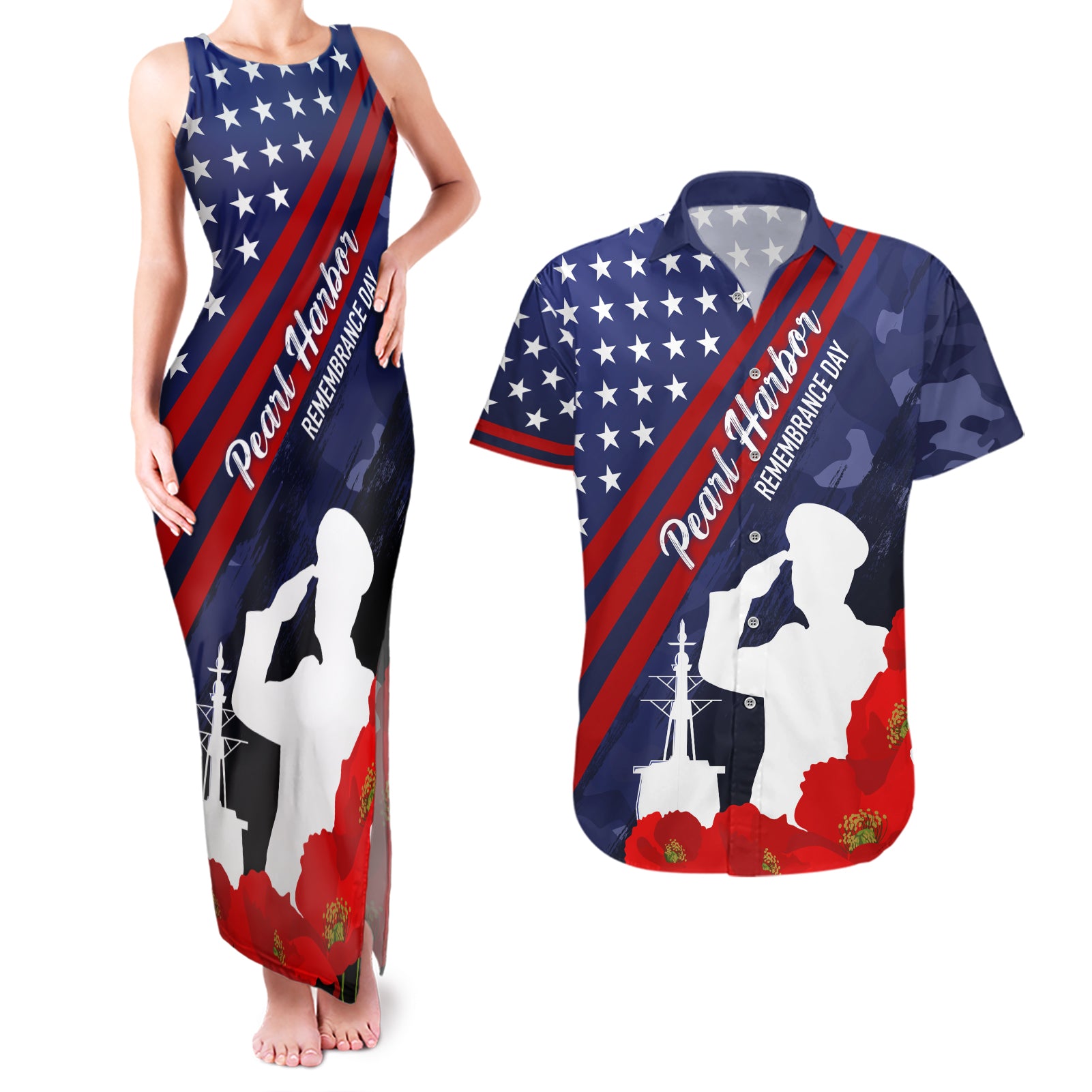 Pearl Harbor Remembrance Day Couples Matching Tank Maxi Dress and Hawaiian Shirt Poppy Mix Style LT7 - Wonder Print Shop