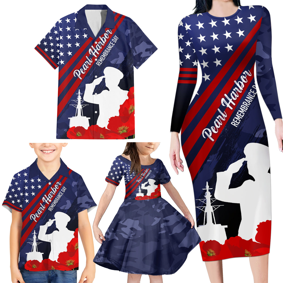 Pearl Harbor Remembrance Day Family Matching Long Sleeve Bodycon Dress and Hawaiian Shirt Poppy Mix Style LT7 - Wonder Print Shop