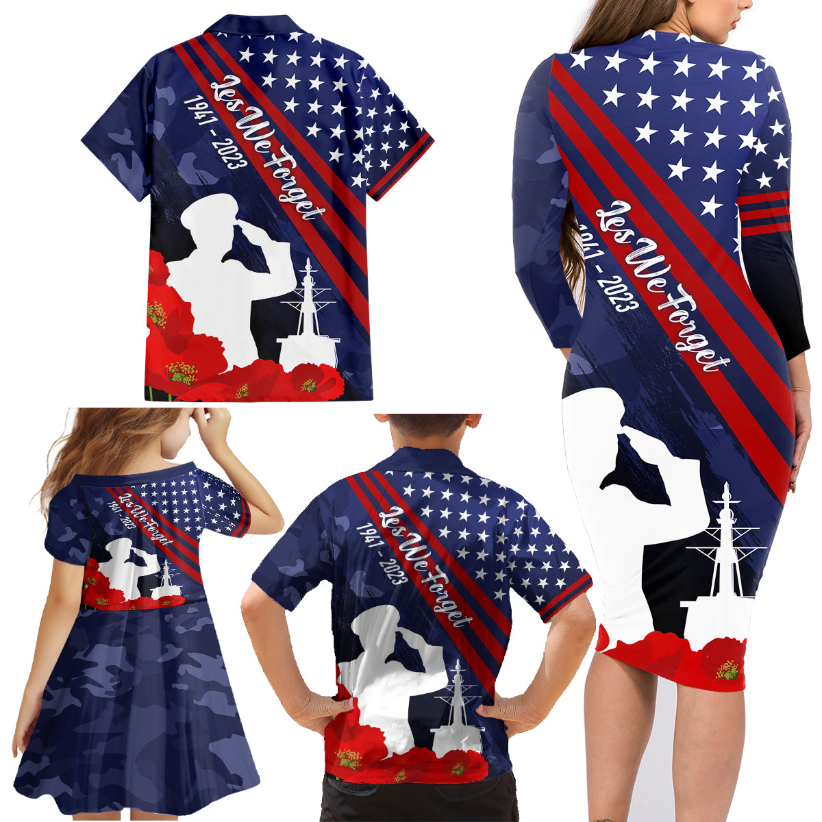 Pearl Harbor Remembrance Day Family Matching Long Sleeve Bodycon Dress and Hawaiian Shirt Poppy Mix Style LT7 - Wonder Print Shop