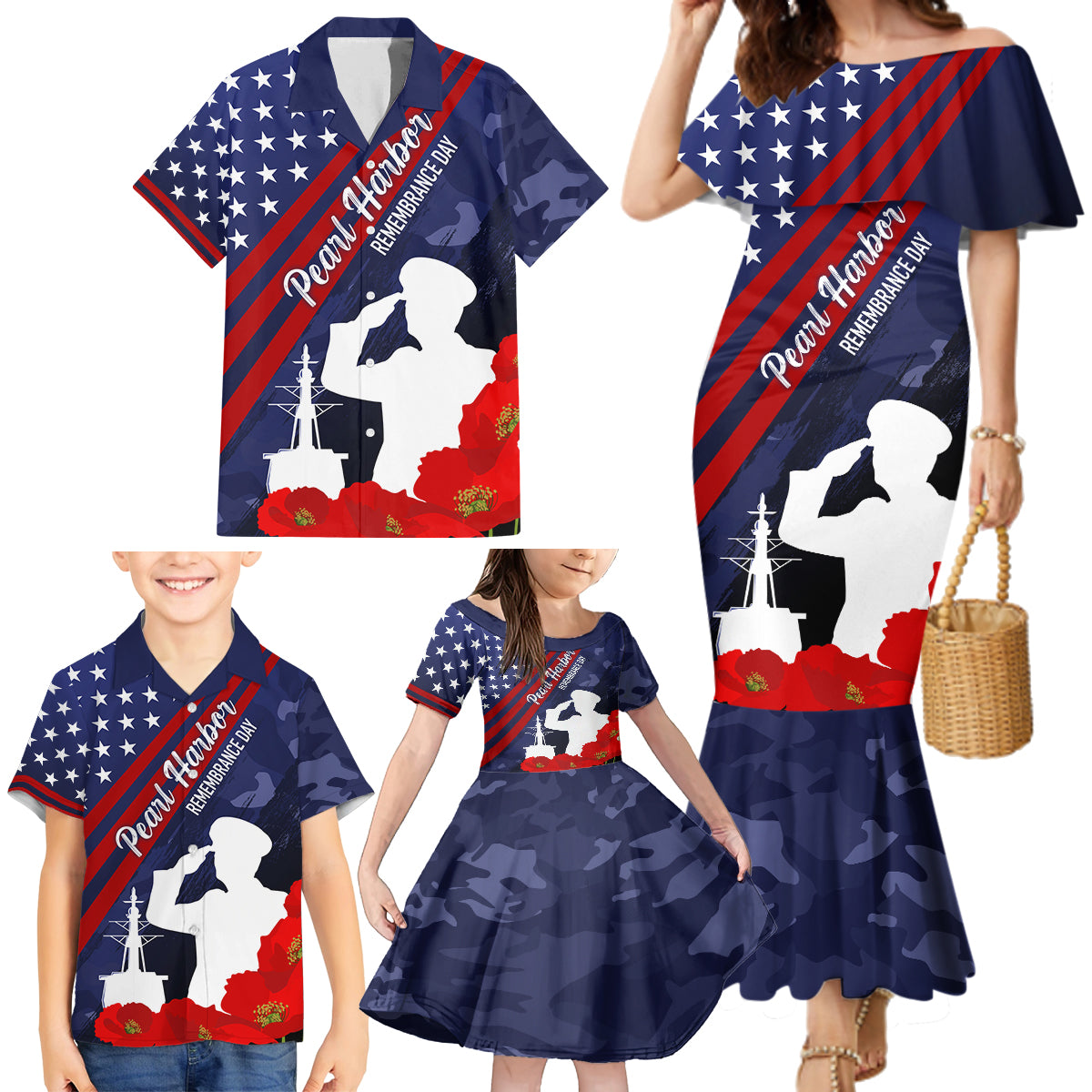 Pearl Harbor Remembrance Day Family Matching Mermaid Dress and Hawaiian Shirt Poppy Mix Style LT7 - Wonder Print Shop