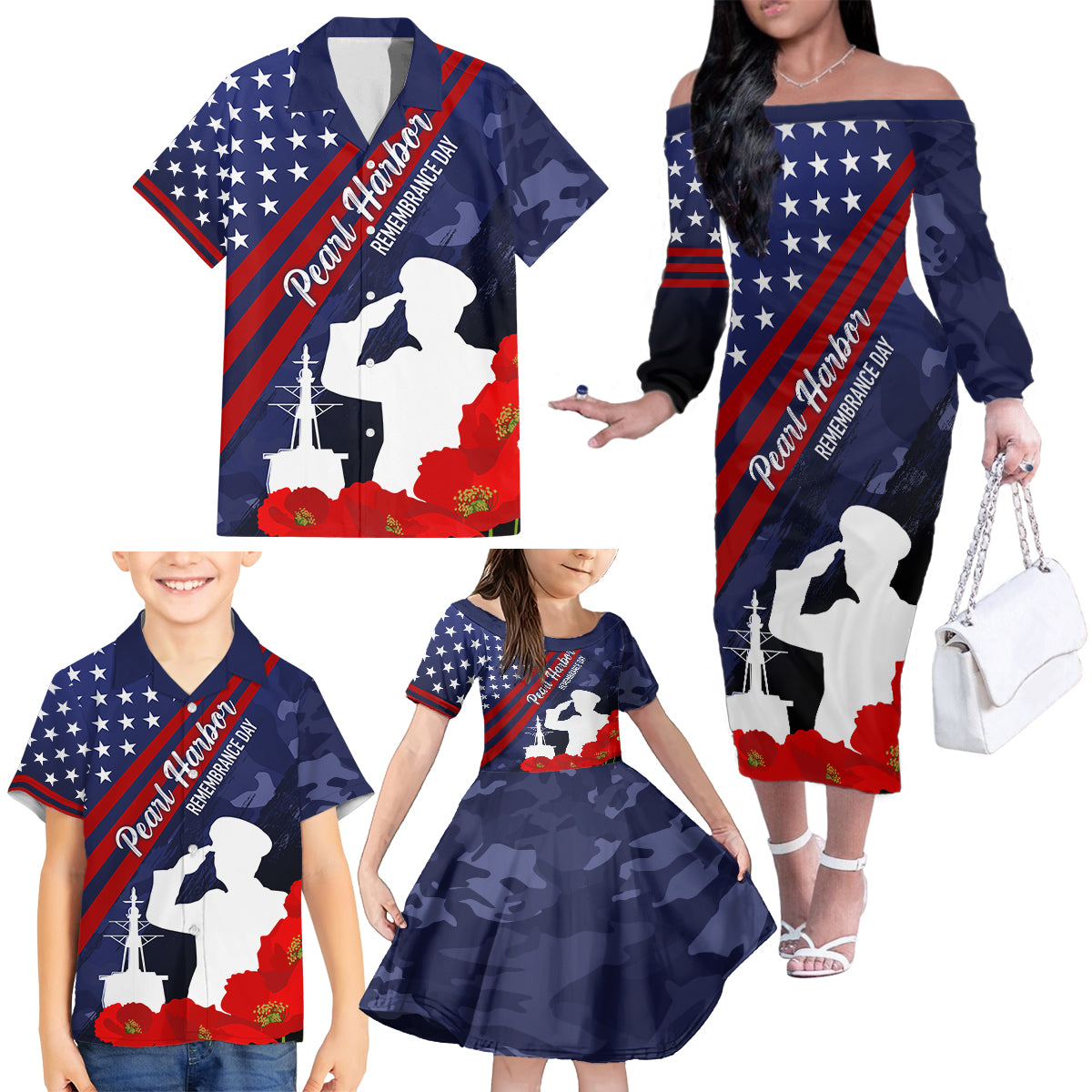 Pearl Harbor Remembrance Day Family Matching Off Shoulder Long Sleeve Dress and Hawaiian Shirt Poppy Mix Style - Wonder Print Shop