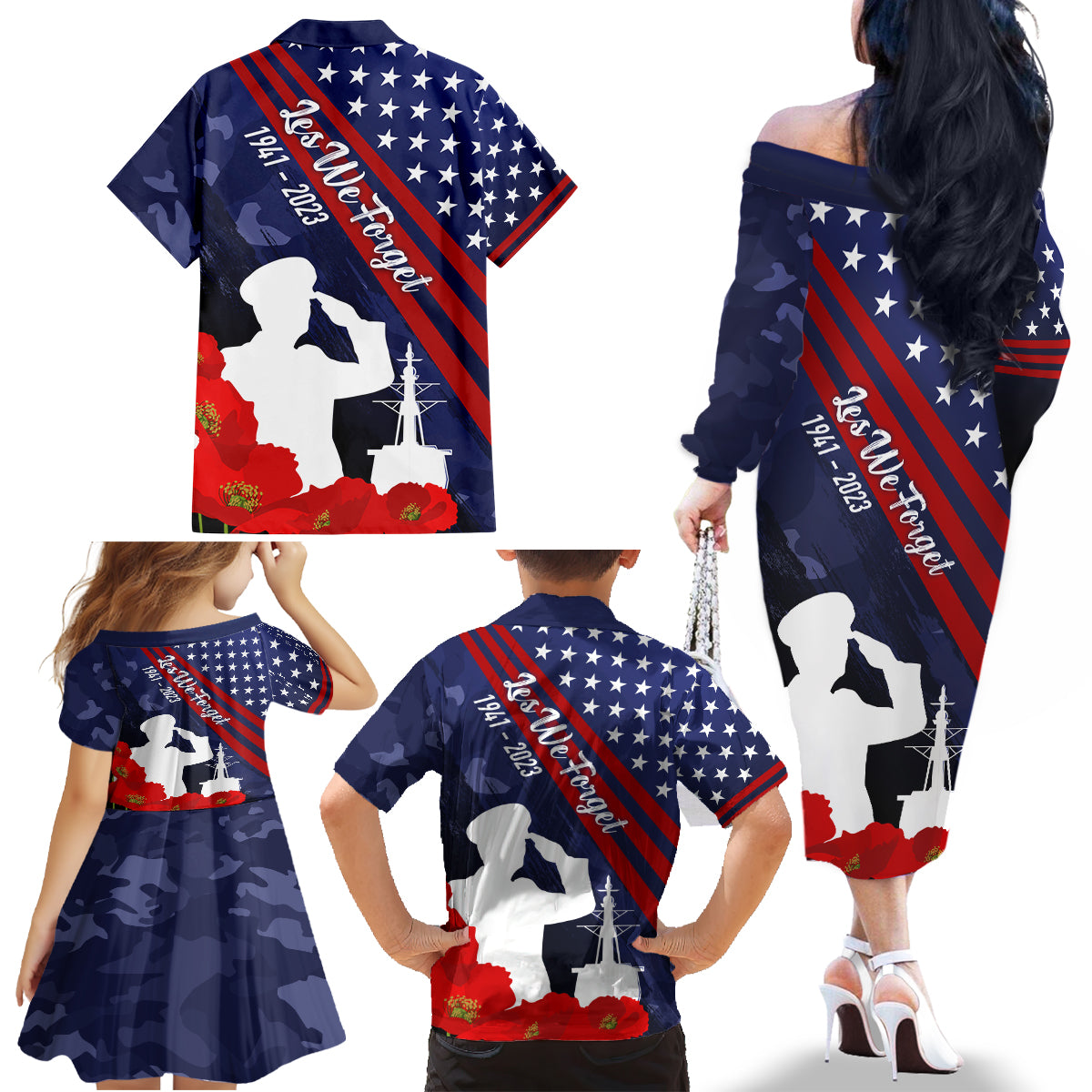 Pearl Harbor Remembrance Day Family Matching Off Shoulder Long Sleeve Dress and Hawaiian Shirt Poppy Mix Style - Wonder Print Shop
