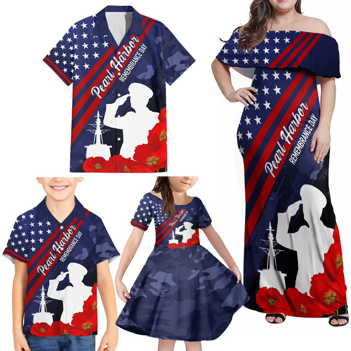 Pearl Harbor Remembrance Day Family Matching Off Shoulder Maxi Dress and Hawaiian Shirt Poppy Mix Style LT7 - Wonder Print Shop