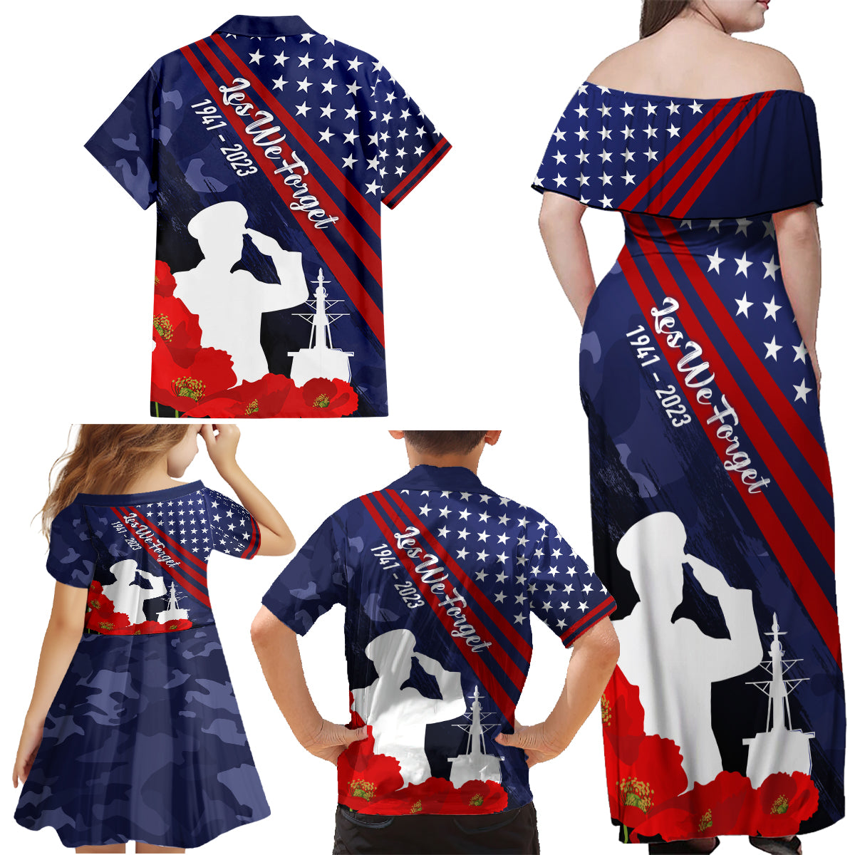 Pearl Harbor Remembrance Day Family Matching Off Shoulder Maxi Dress and Hawaiian Shirt Poppy Mix Style LT7 - Wonder Print Shop