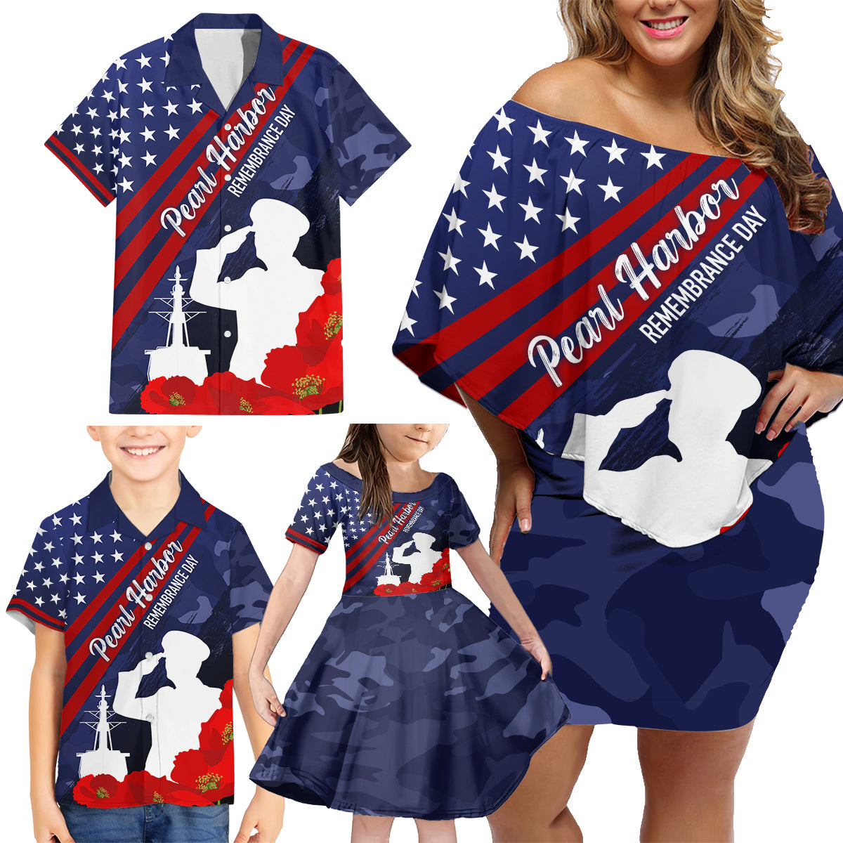 Pearl Harbor Remembrance Day Family Matching Off Shoulder Short Dress and Hawaiian Shirt Poppy Mix Style LT7 - Wonder Print Shop