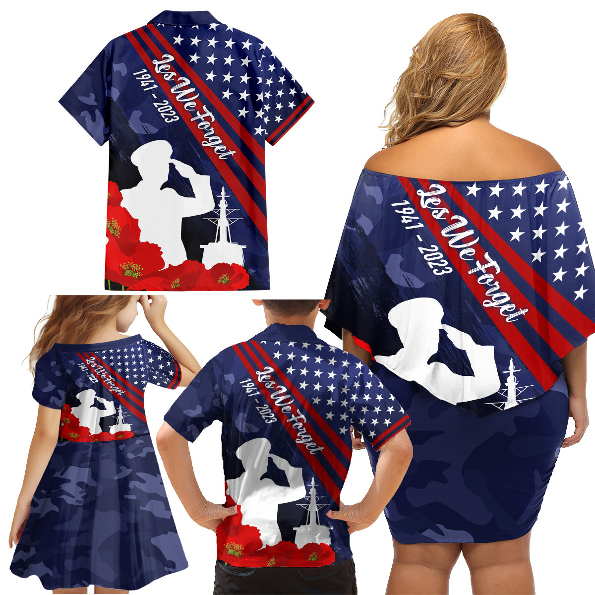 Pearl Harbor Remembrance Day Family Matching Off Shoulder Short Dress and Hawaiian Shirt Poppy Mix Style LT7 - Wonder Print Shop
