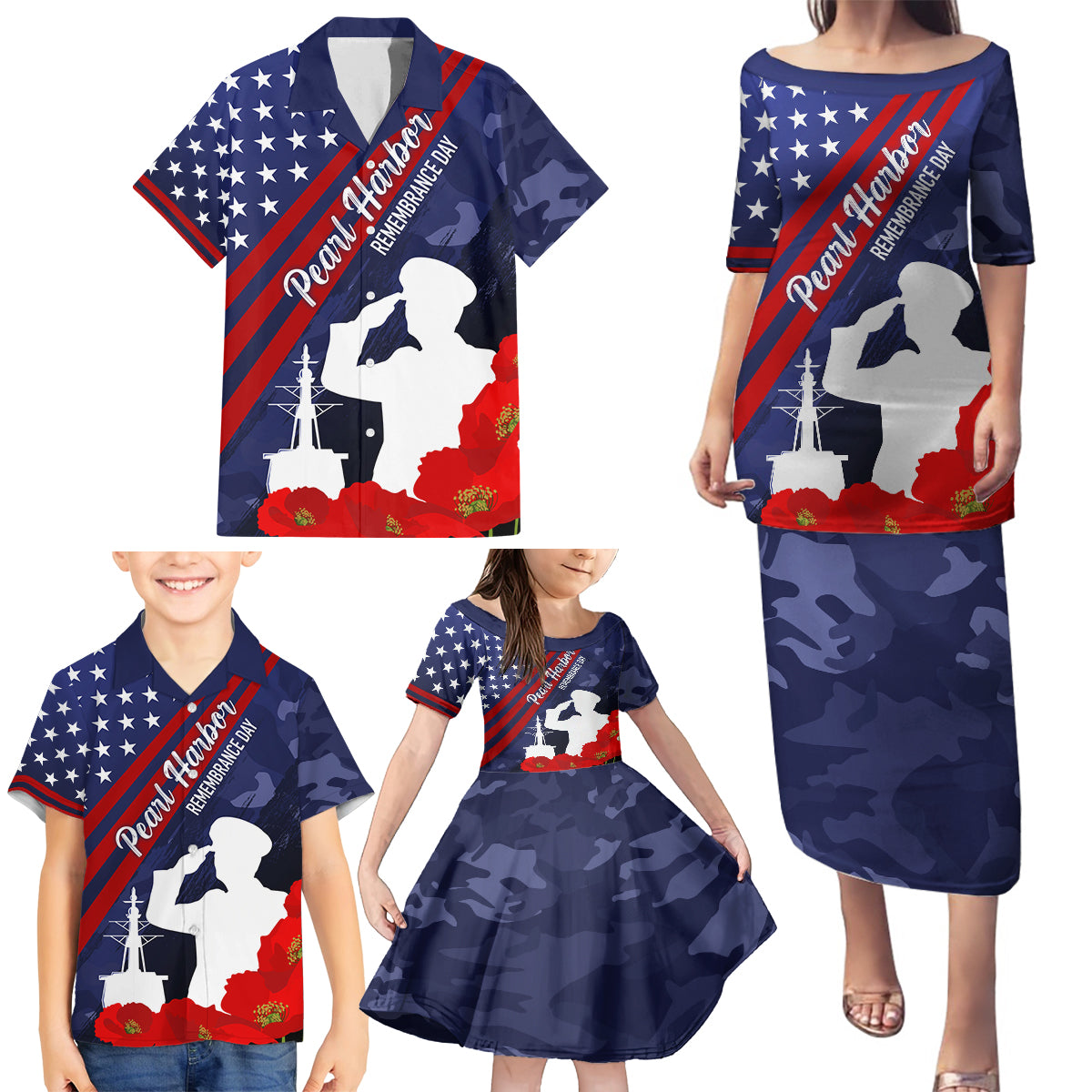 Pearl Harbor Remembrance Day Family Matching Puletasi Dress and Hawaiian Shirt Poppy Mix Style - Wonder Print Shop