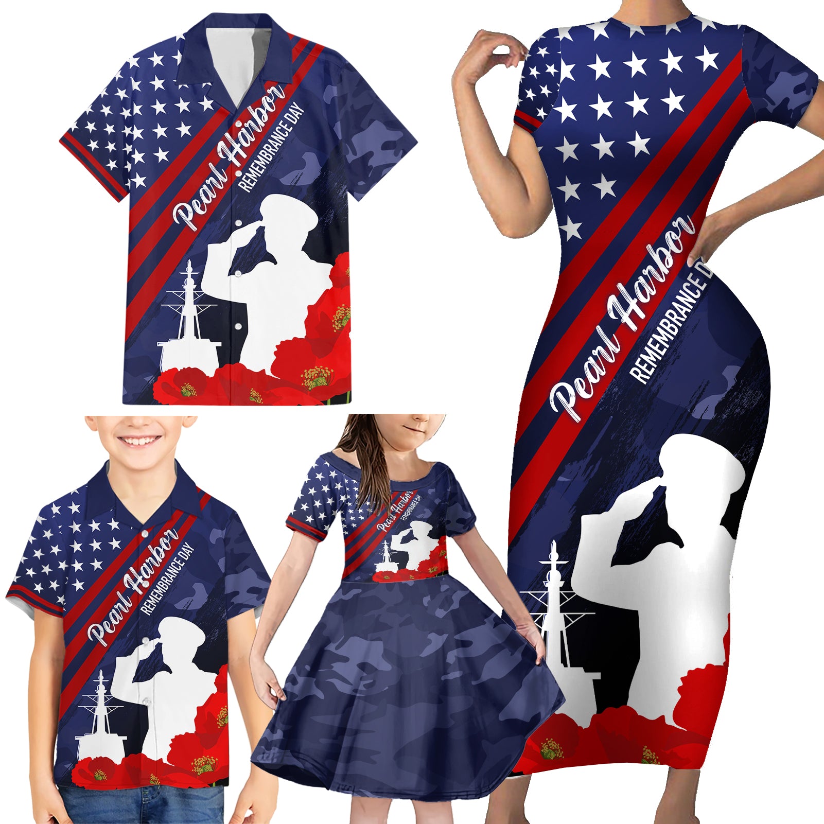 Pearl Harbor Remembrance Day Family Matching Short Sleeve Bodycon Dress and Hawaiian Shirt Poppy Mix Style - Wonder Print Shop
