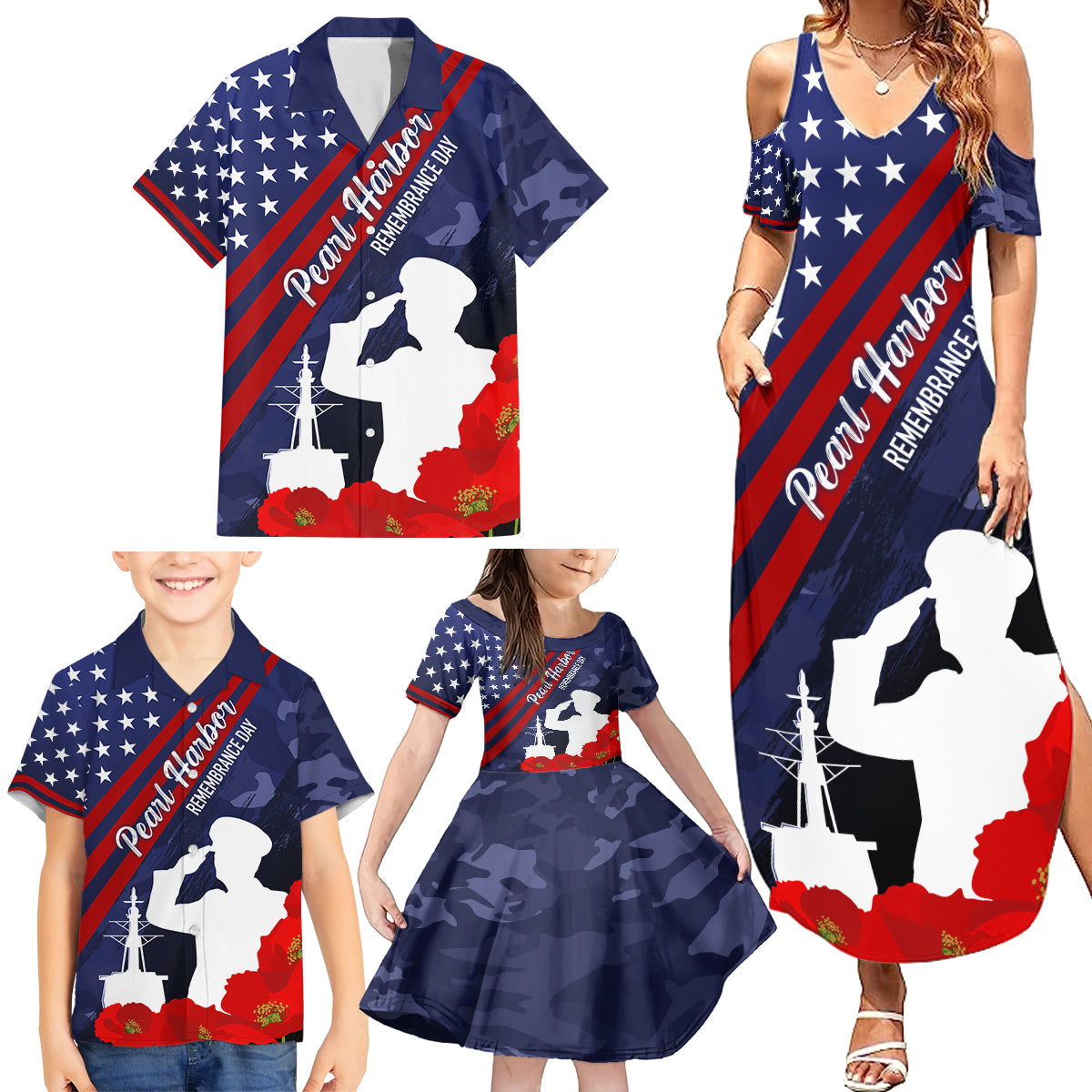 Pearl Harbor Remembrance Day Family Matching Summer Maxi Dress and Hawaiian Shirt Poppy Mix Style - Wonder Print Shop