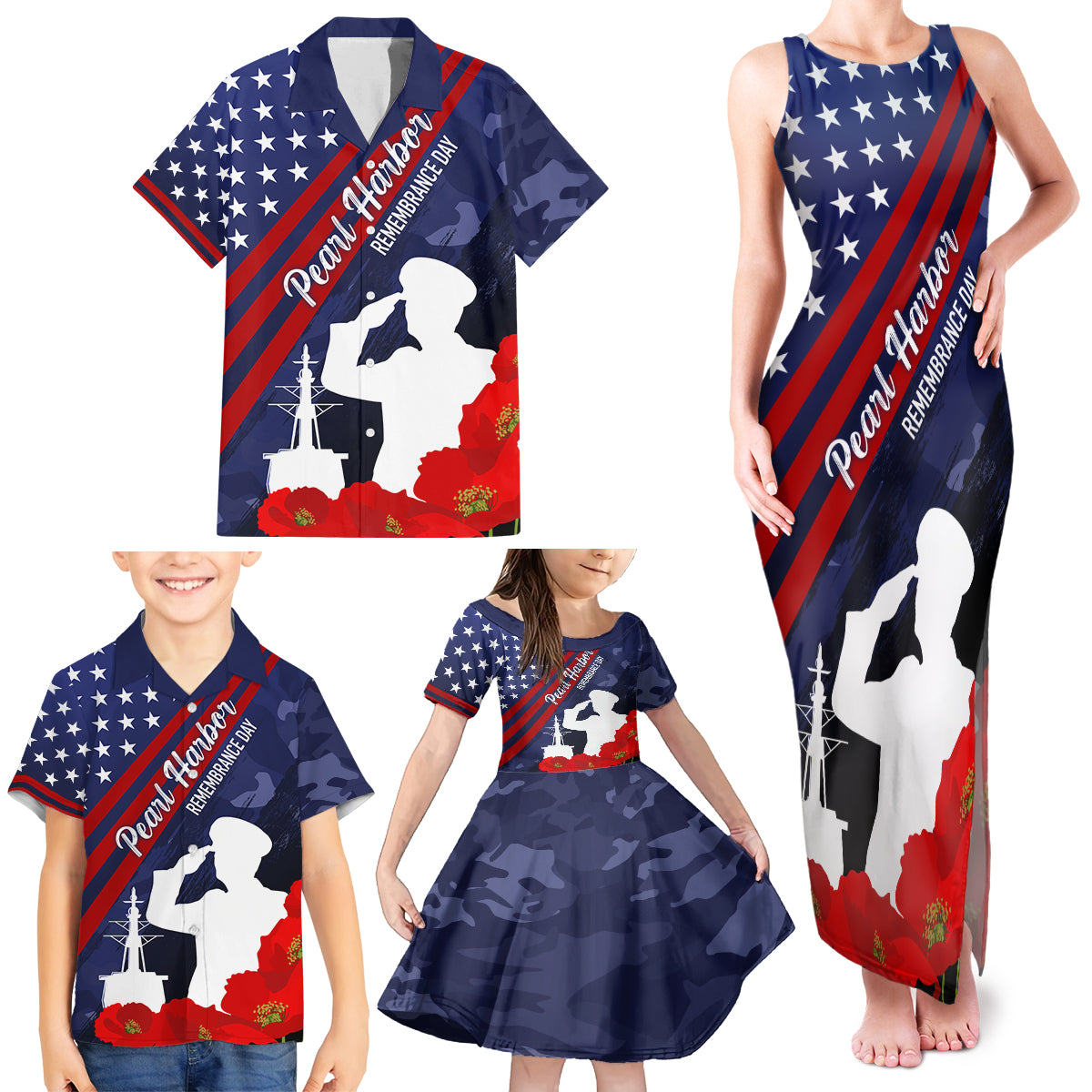 Pearl Harbor Remembrance Day Family Matching Tank Maxi Dress and Hawaiian Shirt Poppy Mix Style - Wonder Print Shop