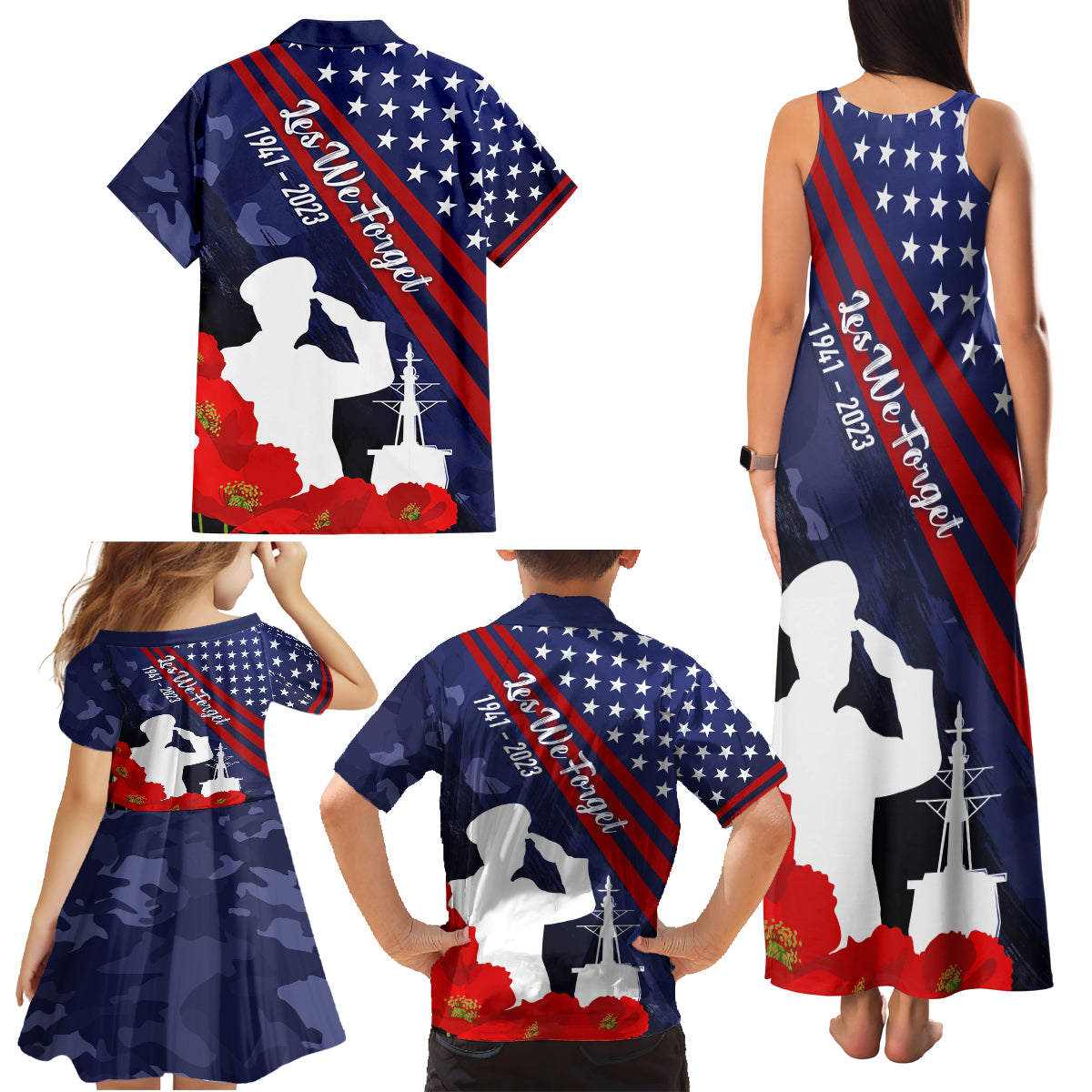 Pearl Harbor Remembrance Day Family Matching Tank Maxi Dress and Hawaiian Shirt Poppy Mix Style - Wonder Print Shop