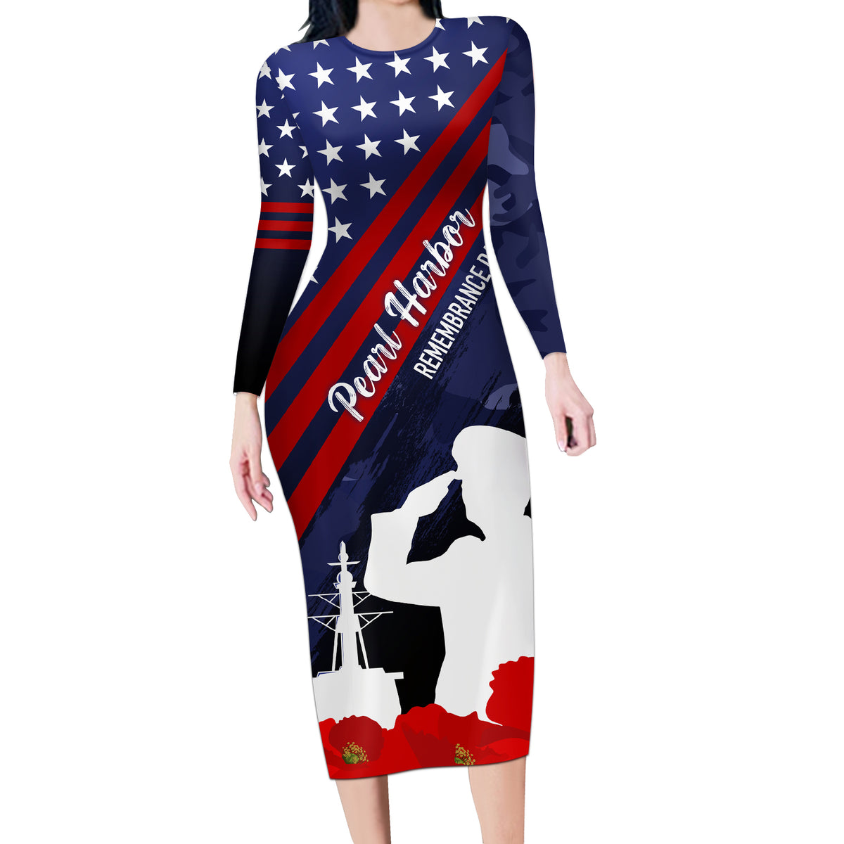 Pearl Harbor Remembrance Day Long Sleeve Bodycon Dress Poppy Mix Style - Wonder Print Shop