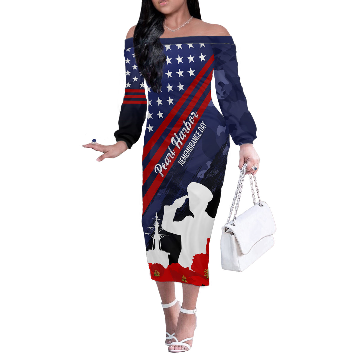 Pearl Harbor Remembrance Day Off The Shoulder Long Sleeve Dress Poppy Mix Style - Wonder Print Shop