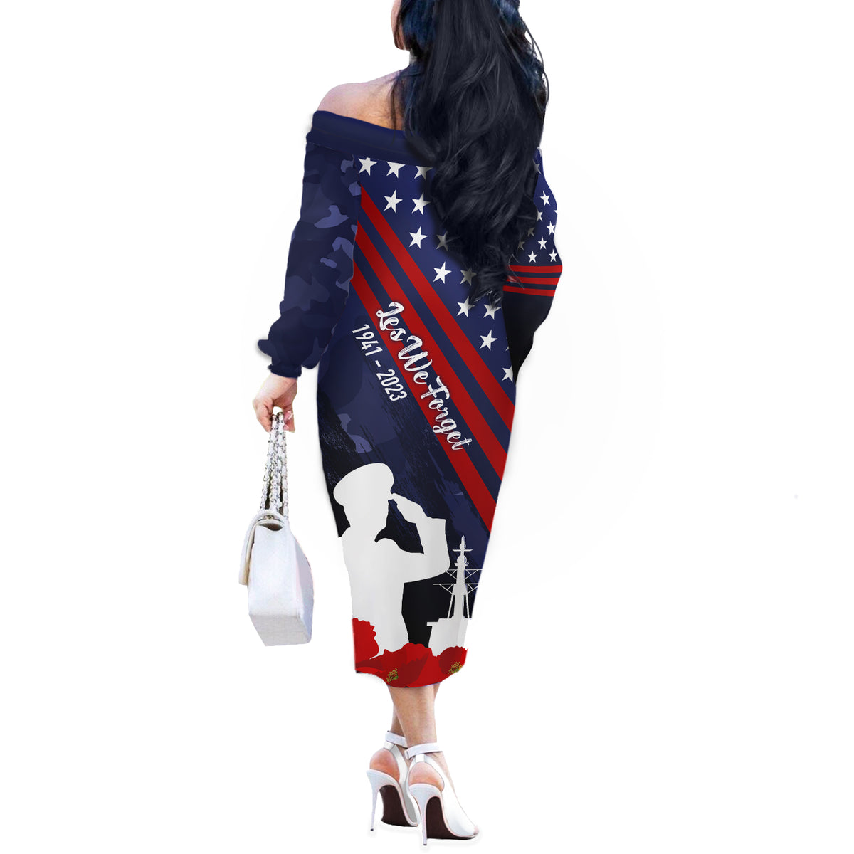 Pearl Harbor Remembrance Day Off The Shoulder Long Sleeve Dress Poppy Mix Style - Wonder Print Shop