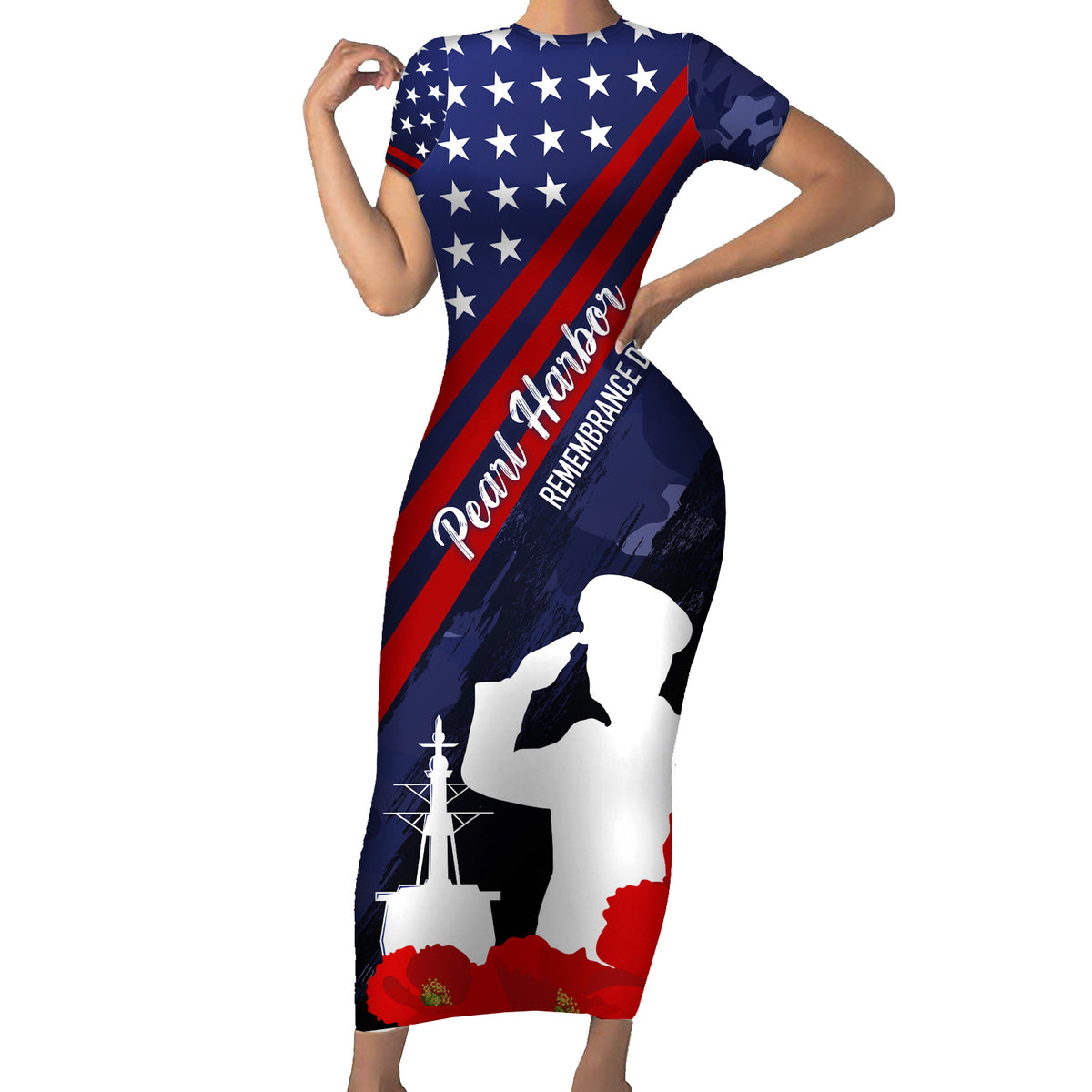 Pearl Harbor Remembrance Day Short Sleeve Bodycon Dress Poppy Mix Style - Wonder Print Shop
