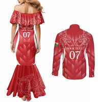 Wales Rugby Personalised Couples Matching Mermaid Dress and Long Sleeve Button Shirt Heraldic Dragon Basic Red