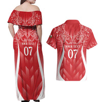 Wales Rugby Personalised Couples Matching Off Shoulder Maxi Dress and Hawaiian Shirt Heraldic Dragon Basic Red