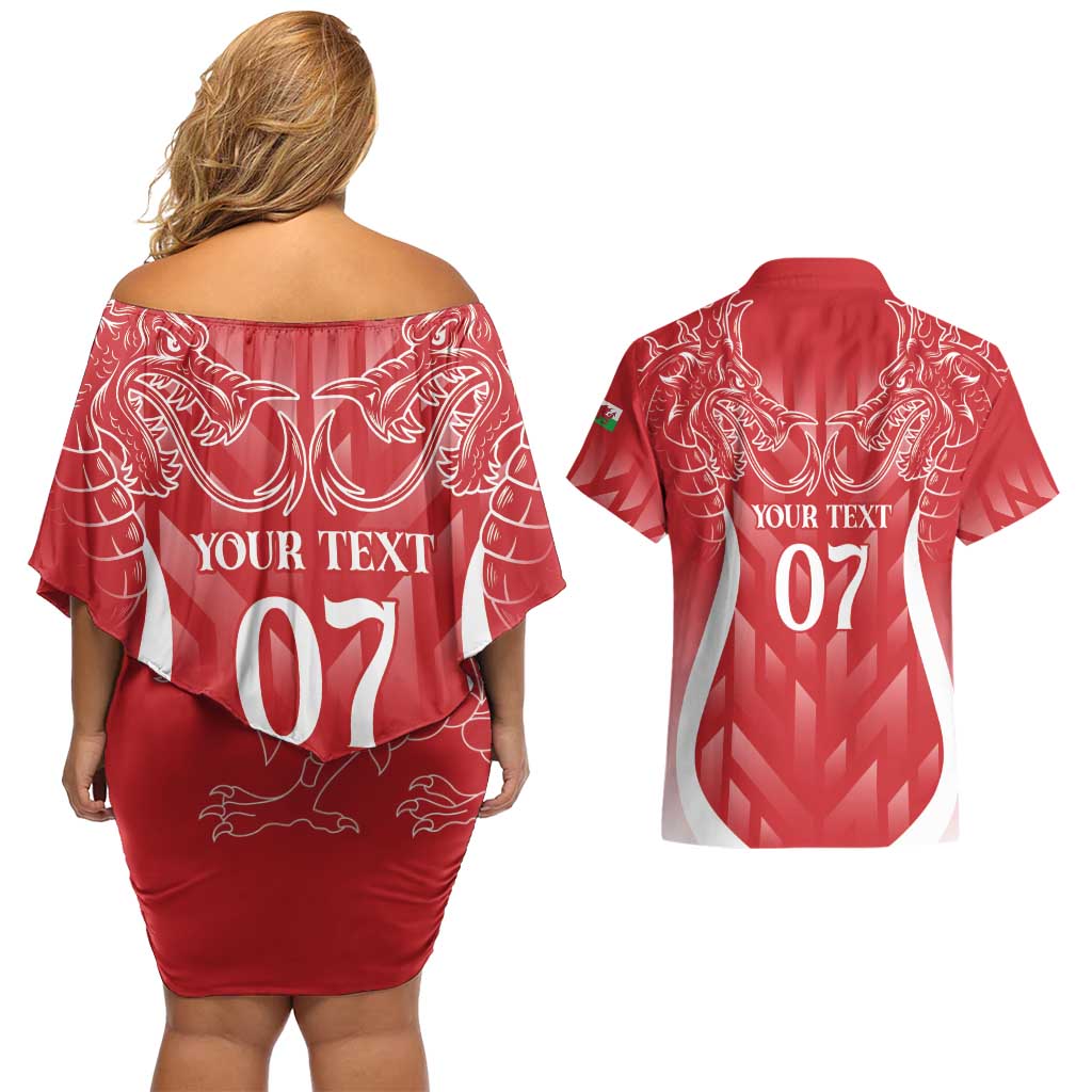 Wales Rugby Personalised Couples Matching Off Shoulder Short Dress and Hawaiian Shirt Heraldic Dragon Basic Red