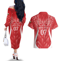 Wales Rugby Personalised Couples Matching Off The Shoulder Long Sleeve Dress and Hawaiian Shirt Heraldic Dragon Basic Red
