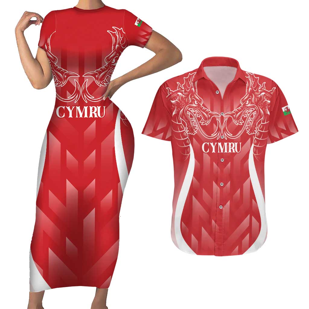 Wales Rugby Personalised Couples Matching Short Sleeve Bodycon Dress and Hawaiian Shirt Heraldic Dragon Basic Red