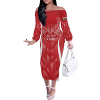 Wales Rugby Personalised Family Matching Off The Shoulder Long Sleeve Dress and Hawaiian Shirt Heraldic Dragon Basic Red