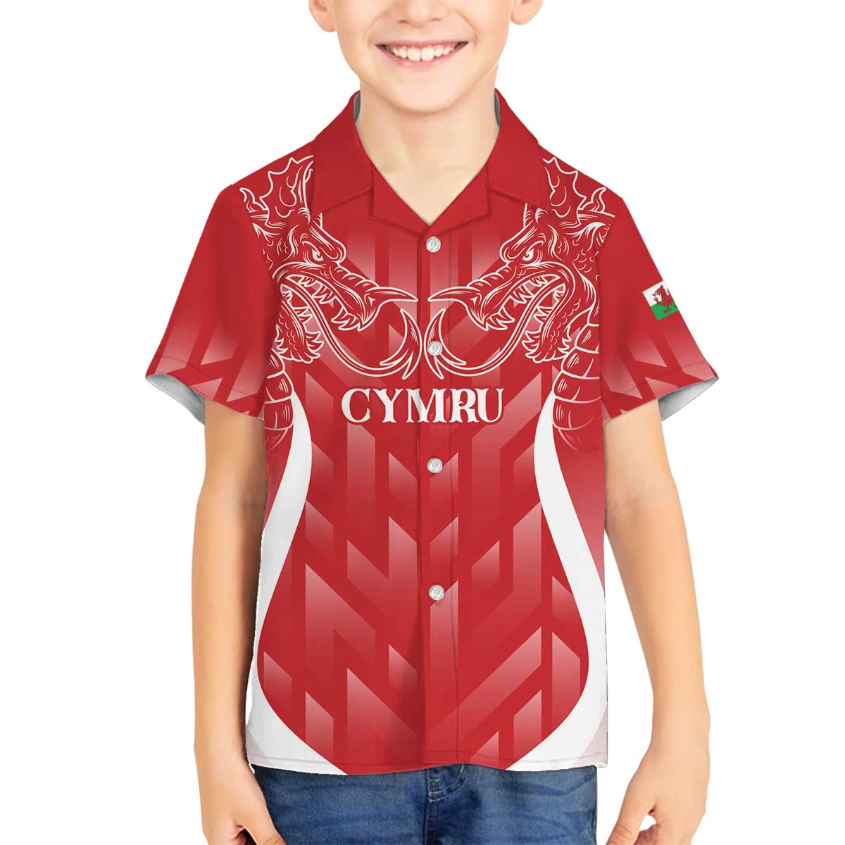 Wales Rugby Personalised Family Matching Off The Shoulder Long Sleeve Dress and Hawaiian Shirt Heraldic Dragon Basic Red