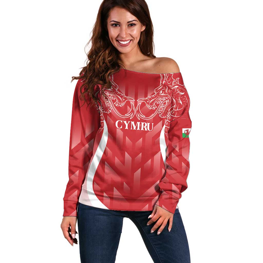 Wales Rugby Personalised Off Shoulder Sweater Heraldic Dragon Basic Red - Wonder Print Shop