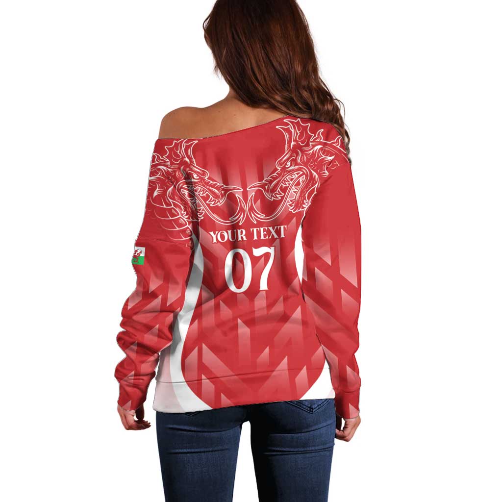 Wales Rugby Personalised Off Shoulder Sweater Heraldic Dragon Basic Red - Wonder Print Shop