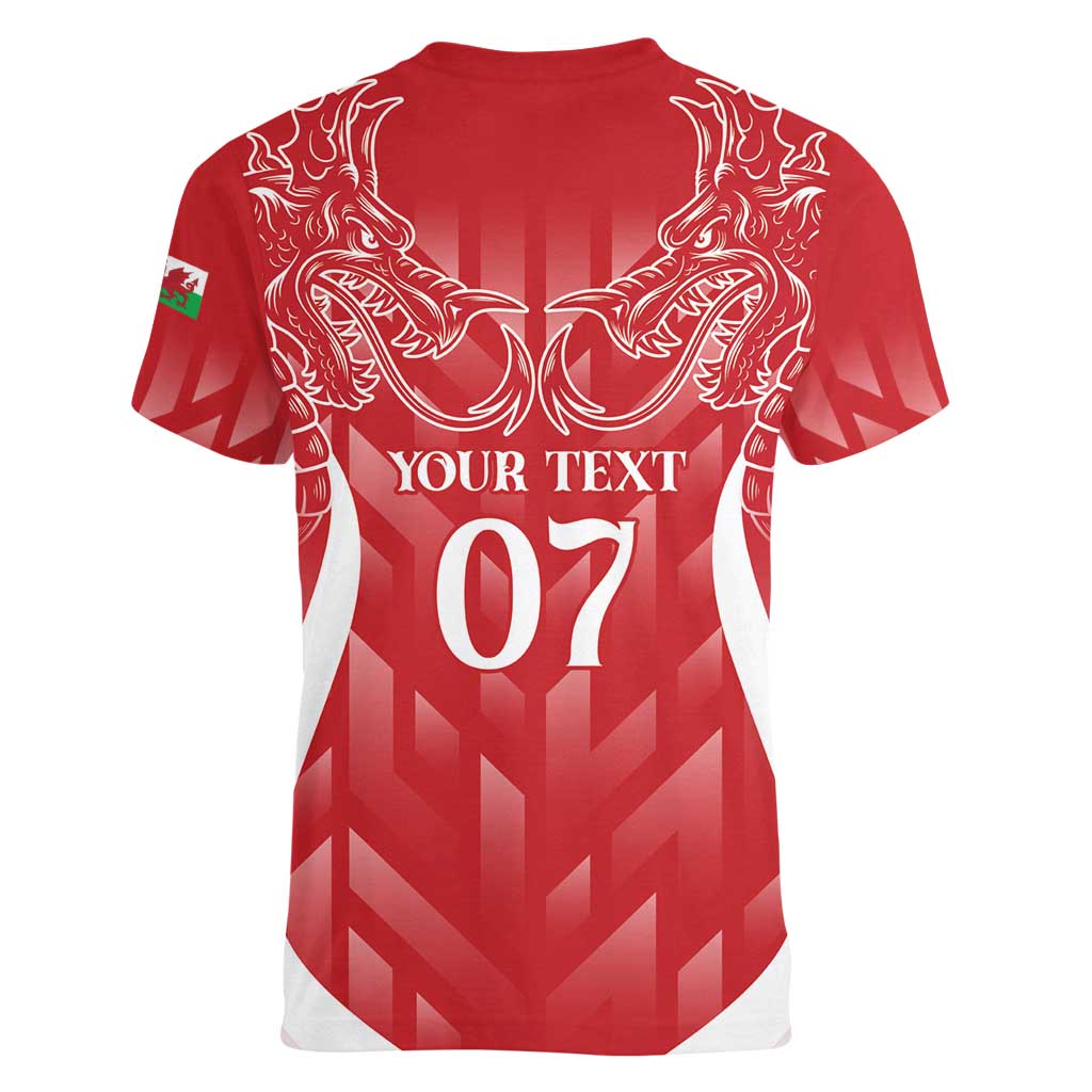 Wales Rugby Personalised Women V-Neck T-Shirt Heraldic Dragon Basic Red - Wonder Print Shop