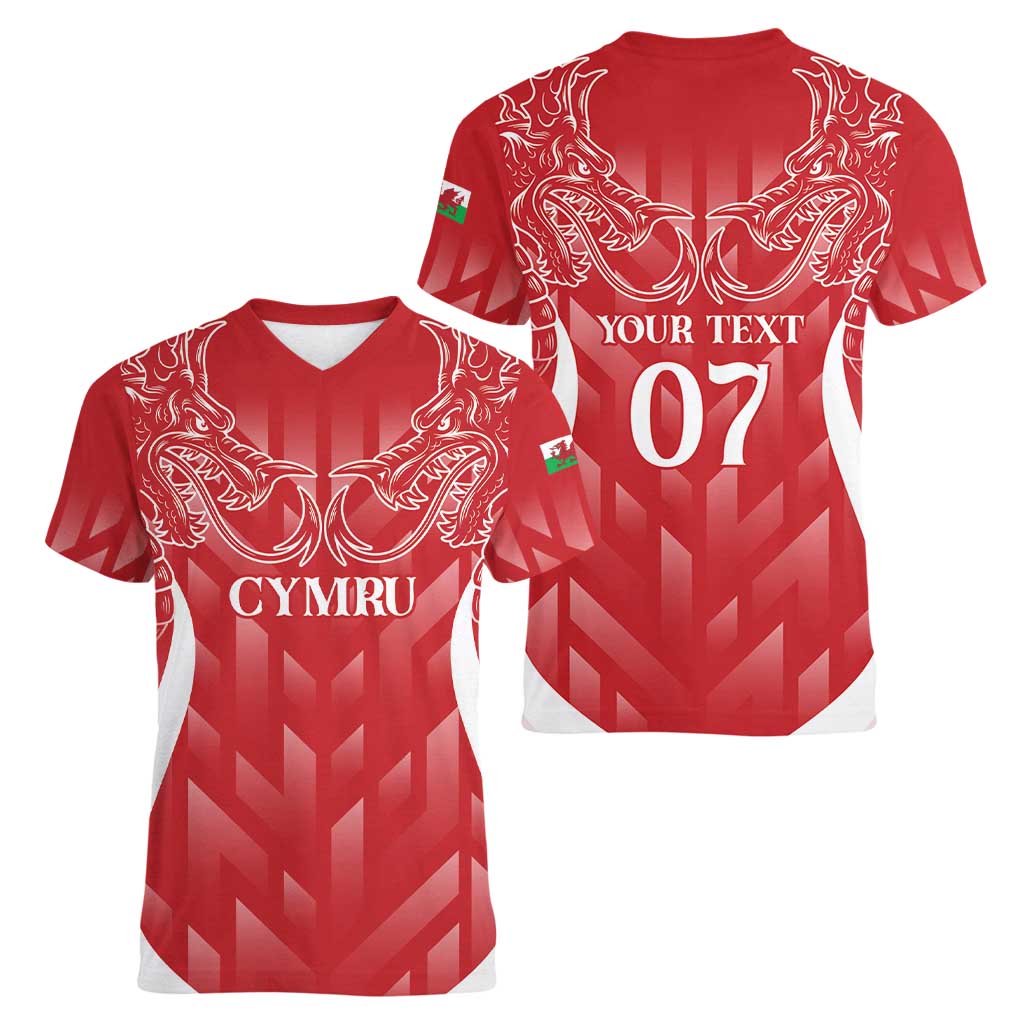 Wales Rugby Personalised Women V-Neck T-Shirt Heraldic Dragon Basic Red - Wonder Print Shop