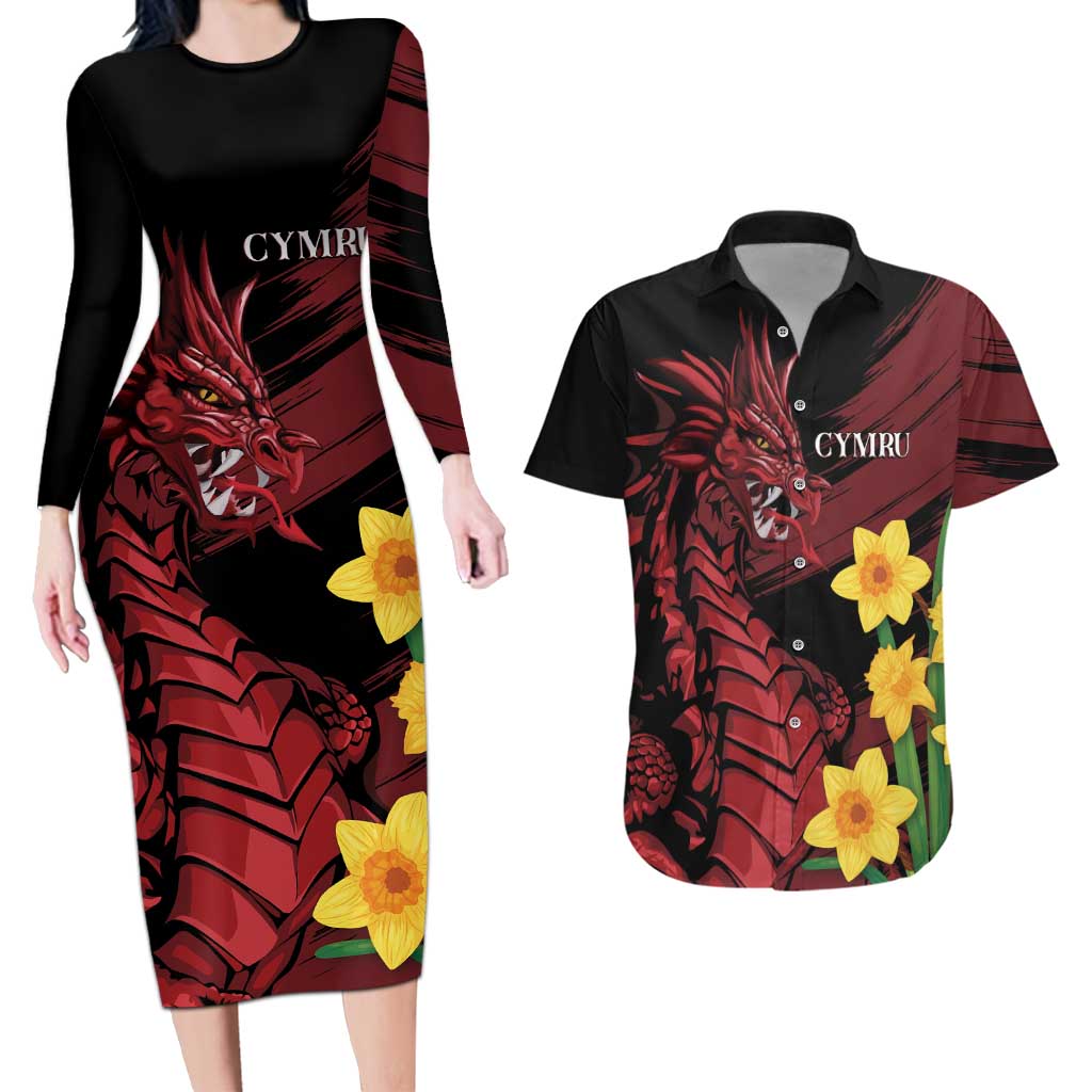 Wales Cymru Am Byth Couples Matching Long Sleeve Bodycon Dress and Hawaiian Shirt Dragon & Daffodil