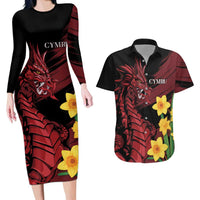 Wales Cymru Am Byth Couples Matching Long Sleeve Bodycon Dress and Hawaiian Shirt Dragon & Daffodil