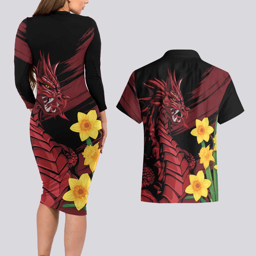 Wales Cymru Am Byth Couples Matching Long Sleeve Bodycon Dress and Hawaiian Shirt Dragon & Daffodil