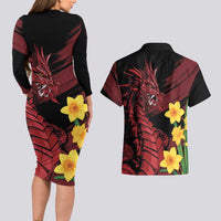 Wales Cymru Am Byth Couples Matching Long Sleeve Bodycon Dress and Hawaiian Shirt Dragon & Daffodil