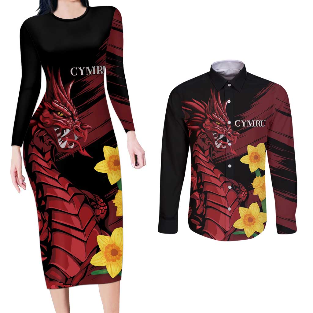 Wales Cymru Am Byth Couples Matching Long Sleeve Bodycon Dress and Long Sleeve Button Shirt Dragon & Daffodil
