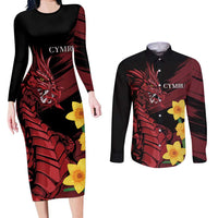 Wales Cymru Am Byth Couples Matching Long Sleeve Bodycon Dress and Long Sleeve Button Shirt Dragon & Daffodil