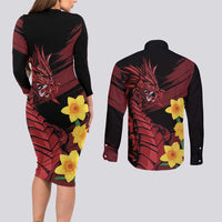 Wales Cymru Am Byth Couples Matching Long Sleeve Bodycon Dress and Long Sleeve Button Shirt Dragon & Daffodil