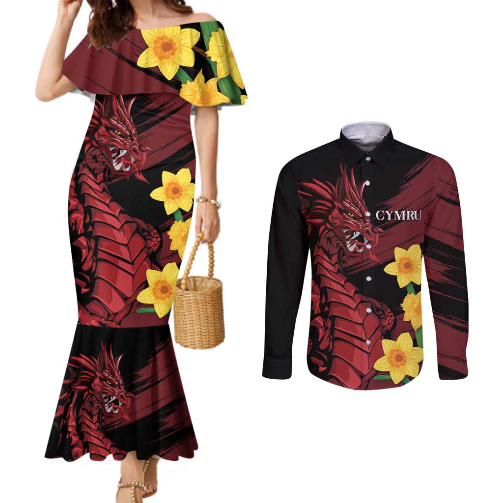 Wales Cymru Am Byth Couples Matching Mermaid Dress and Long Sleeve Button Shirt Dragon & Daffodil