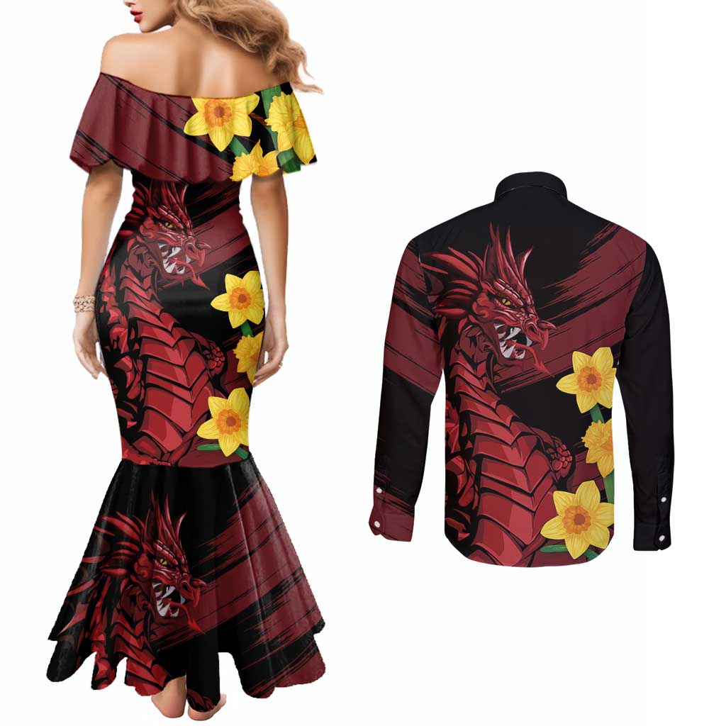 Wales Cymru Am Byth Couples Matching Mermaid Dress and Long Sleeve Button Shirt Dragon & Daffodil