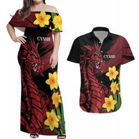 Wales Cymru Am Byth Couples Matching Off Shoulder Maxi Dress and Hawaiian Shirt Dragon & Daffodil