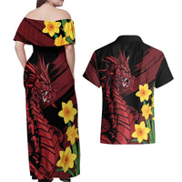 Wales Cymru Am Byth Couples Matching Off Shoulder Maxi Dress and Hawaiian Shirt Dragon & Daffodil