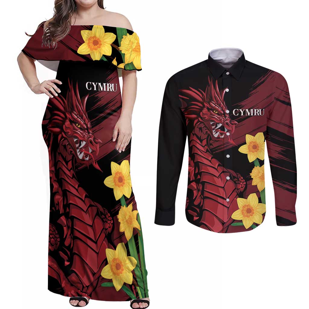 Wales Cymru Am Byth Couples Matching Off Shoulder Maxi Dress and Long Sleeve Button Shirt Dragon & Daffodil