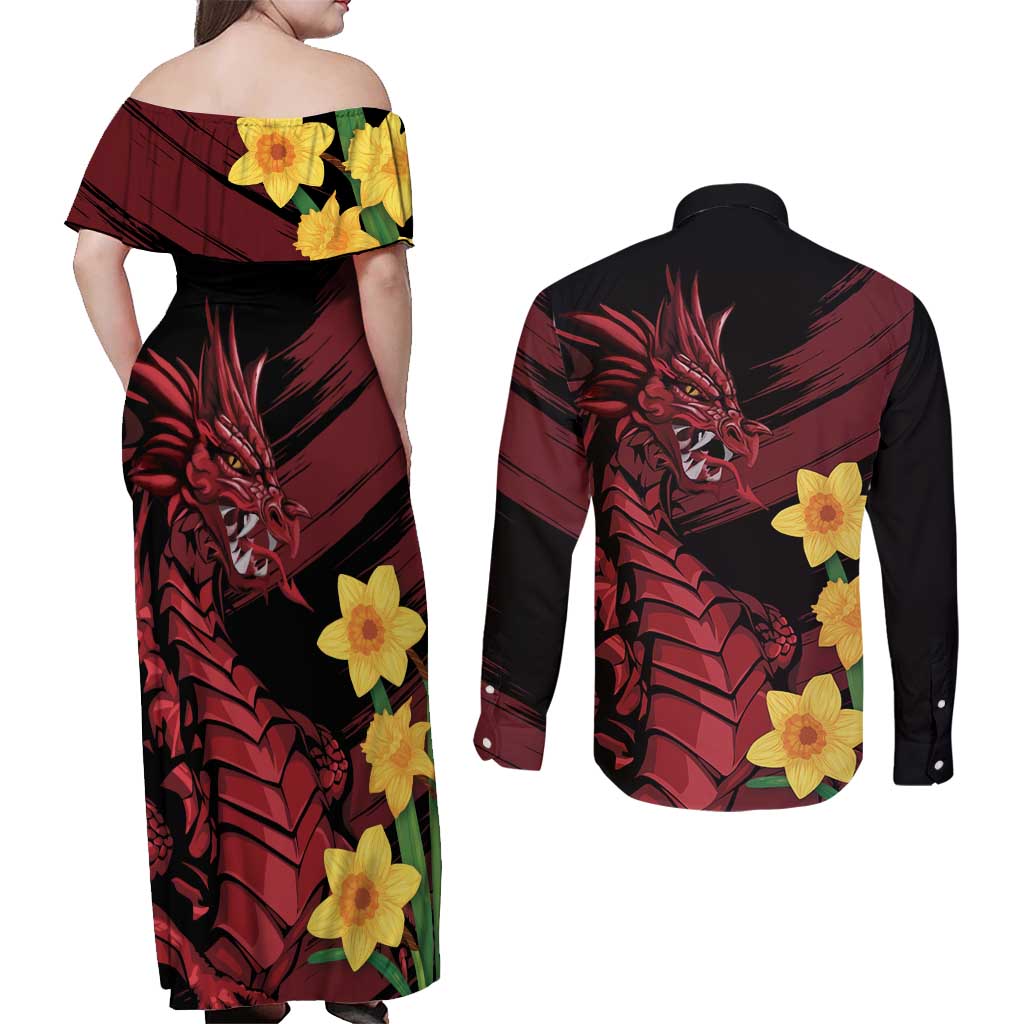 Wales Cymru Am Byth Couples Matching Off Shoulder Maxi Dress and Long Sleeve Button Shirt Dragon & Daffodil