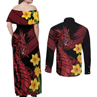 Wales Cymru Am Byth Couples Matching Off Shoulder Maxi Dress and Long Sleeve Button Shirt Dragon & Daffodil