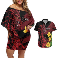 Wales Cymru Am Byth Couples Matching Off Shoulder Short Dress and Hawaiian Shirt Dragon & Daffodil