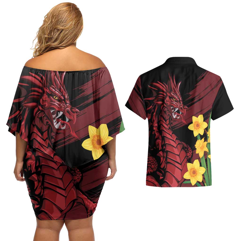 Wales Cymru Am Byth Couples Matching Off Shoulder Short Dress and Hawaiian Shirt Dragon & Daffodil