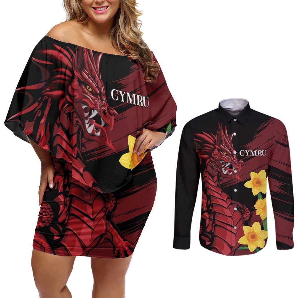 Wales Cymru Am Byth Couples Matching Off Shoulder Short Dress and Long Sleeve Button Shirt Dragon & Daffodil