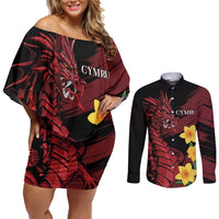 Wales Cymru Am Byth Couples Matching Off Shoulder Short Dress and Long Sleeve Button Shirt Dragon & Daffodil