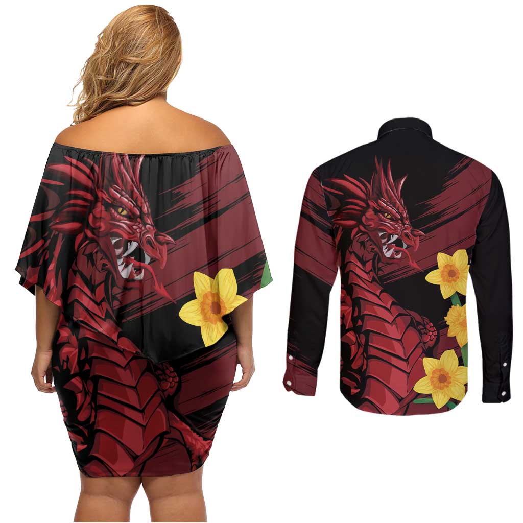 Wales Cymru Am Byth Couples Matching Off Shoulder Short Dress and Long Sleeve Button Shirt Dragon & Daffodil